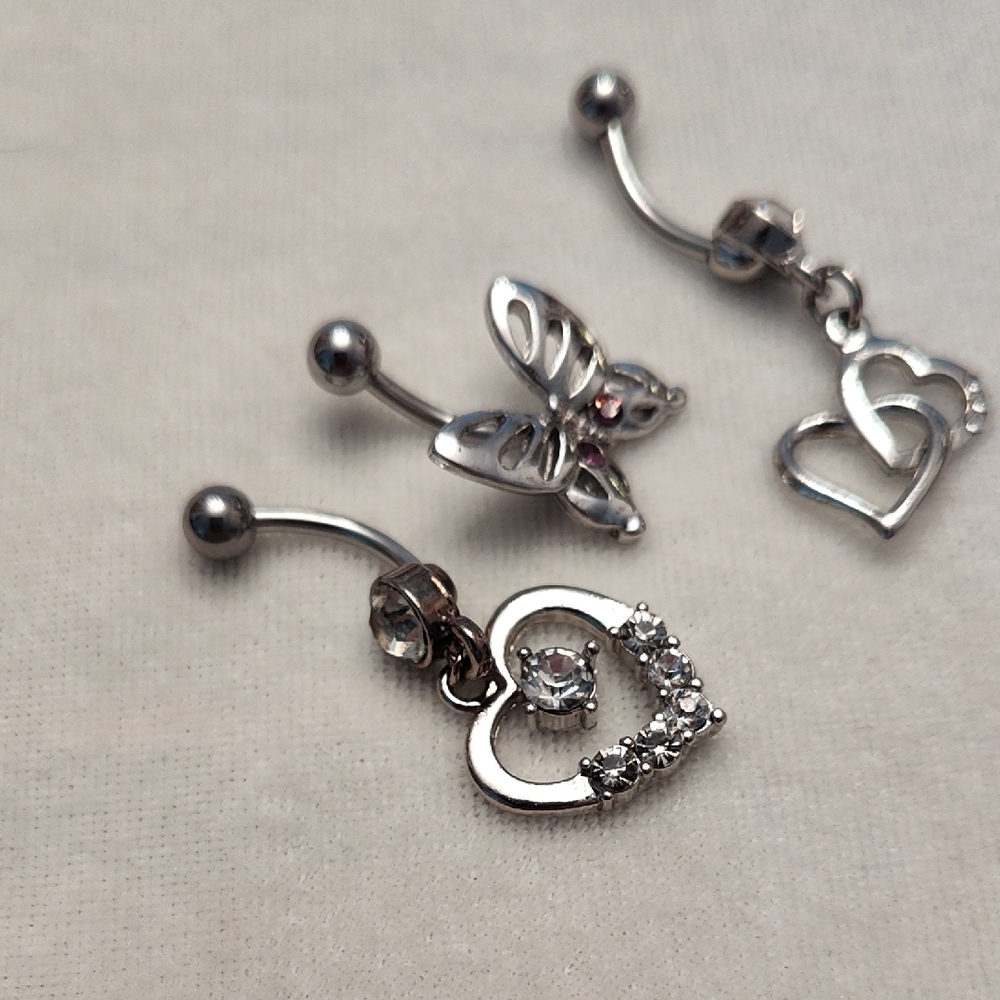 Elegant Silver Heart and Butterfly Belly Rings